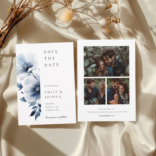 Navy Blue Floral Wedding Foto Save The Date