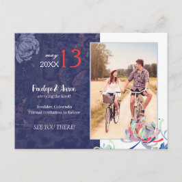 Navy Blue Floral Wedding Foto Save the Date Ankündigungspostkarte