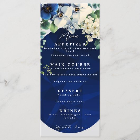 Navy Blue Floral Wedding Menu Menükarte (Vorderseite)