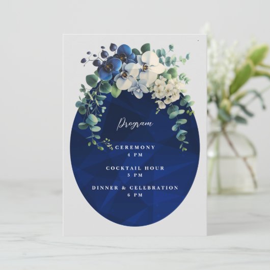 Navy Blue Floral Wedding Program Einladung (Stehend Vorderseite)