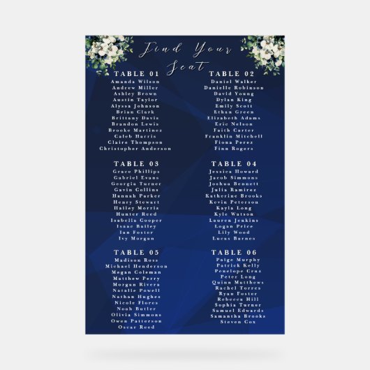 Navy Blue Floral Wedding Seating Chart Sign Acrylschild (Vorderseite)