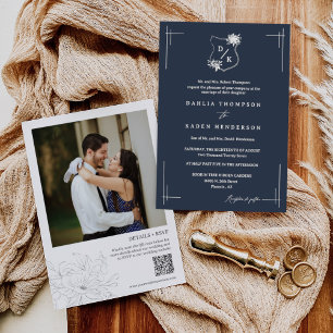 Navy Blue Floral Wedding Wappen QR Code Foto Einladung