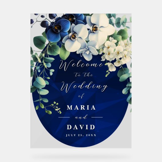 Navy Blue Floral Wedding Welcome Sign Acrylschild (Vorderseite)