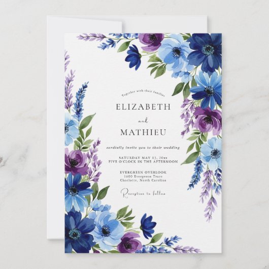 Navy Blue Floral Whimsy Wedding Einladung (Vorderseite)