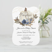 Navy Blue Floral White Wood w Pumpkin Baby Dusche Einladung (Stehend Vorderseite)