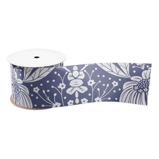 Navy Blue Floral William Morris Style Satinband (Spule)
