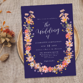 Navy Blue Floral Wreath Hochzeit im Herbst Einladung