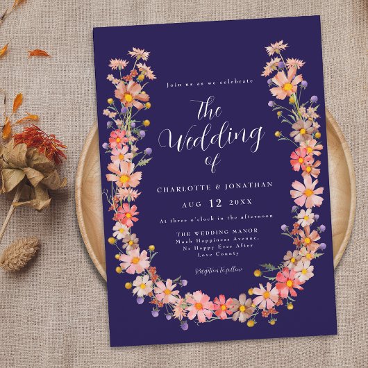 Navy Blue Floral Wreath Hochzeit im Herbst Einladung