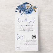 Navy Blue Florals QR Code Skript Hochzeit All In One Einladung (Innen Boden)