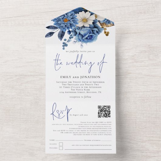 Navy Blue Florals QR Code Skript Hochzeit All In One Einladung (Innen Boden)