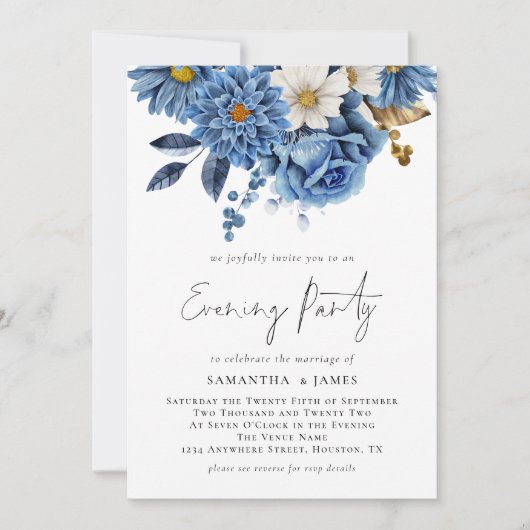 Navy Blue Florals Qr Code Wedding Abend Party I Einladung (Vorderseite)