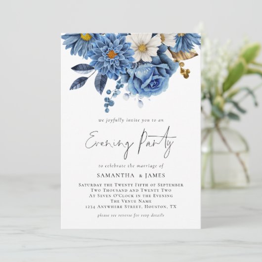 Navy Blue Florals Qr Code Wedding Abend Party I Einladung (Stehend Vorderseite)
