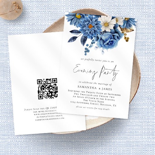 Navy Blue Florals Qr Code Wedding Abend Party I Einladung