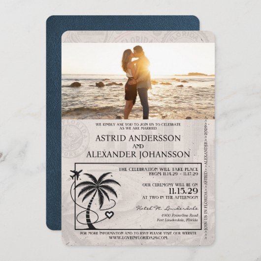 Navy Blue Florida Passport Hochzeit Einladung (Vorne/Hinten)