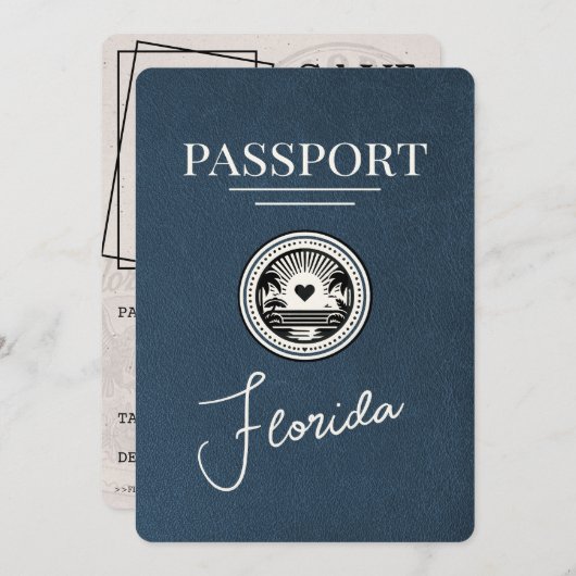Navy Blue Florida Passport Save the Date (Vorne/Hinten)