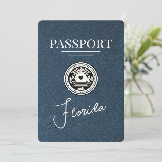 Navy Blue Florida Passport Save the Date (Stehend Vorderseite)
