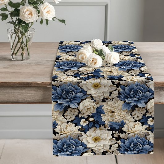 Navy Blue Flowers Elegant Table Decor Runner Großer Tischläufer