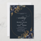 Navy Blue Flowers Gold Blätter Frame Wedding Einladung (Vorderseite)
