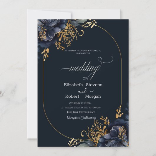 Navy Blue Flowers Gold Blätter Frame Wedding Einladung (Vorderseite)