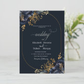 Navy Blue Flowers Gold Blätter Frame Wedding Einladung (Stehend Vorderseite)