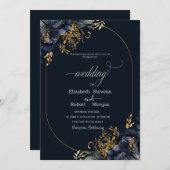 Navy Blue Flowers Gold Blätter Frame Wedding Einladung (Vorne/Hinten)