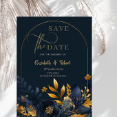 Navy Blue Flowers Gold Blätter Save the Date flach