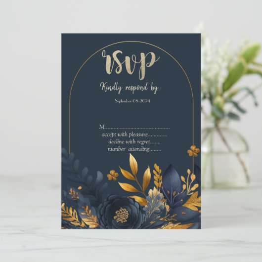 Navy Blue Flowers Gold Blätter UAWG Einladung (Stehend Vorderseite)