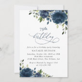 Navy Blue Flowers, Greenery, Boho, Any Birthday Einladung (Vorderseite)