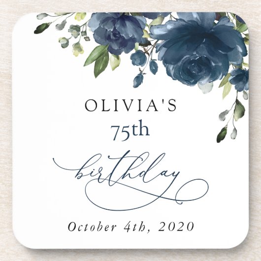 Navy Blue Flowers, Greenery, Boho, Birthday Getränkeuntersetzer (Vorderseite)
