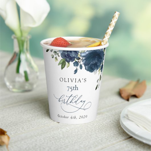 Navy Blue Flowers, Greenery, Boho, Birthday Pappbecher (In Situ)