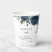 Navy Blue Flowers, Greenery, Boho, Birthday Pappbecher (Rückseite)