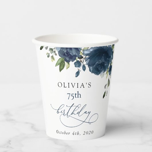 Navy Blue Flowers, Greenery, Boho, Birthday Pappbecher (Vorderseite)