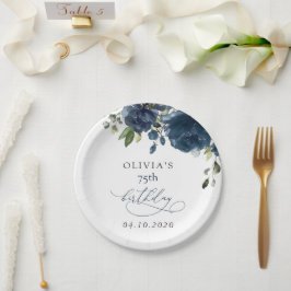 Navy Blue Flowers, Greenery, Boho, Birthday Pappteller