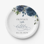 Navy Blue Flowers, Greenery, Boho, Birthday Pappteller (Vorderseite)