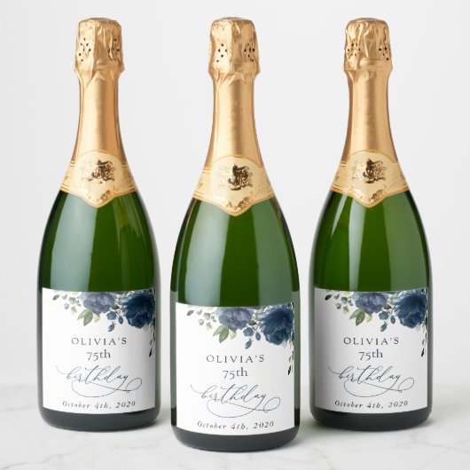 Navy Blue Flowers, Greenery, Boho, Birthday Schaumweinetikett (Flaschen)