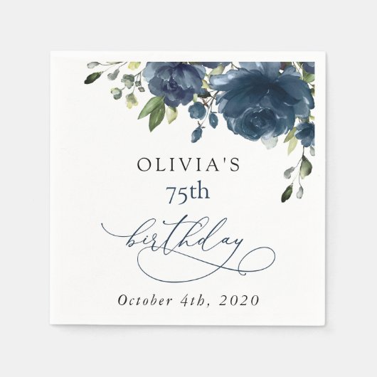 Navy Blue Flowers, Greenery, Boho, Birthday Serviette (Vorderseite)