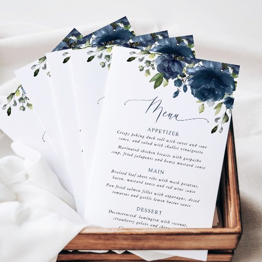 Navy Blue Flowers, Greenery, Boho, Wedding Menu