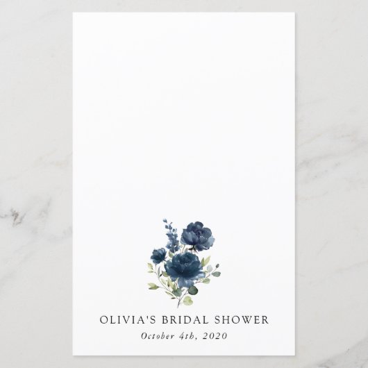 Navy Blue Flowers, Greenery, Bridal Shower Menu (Rückseite)
