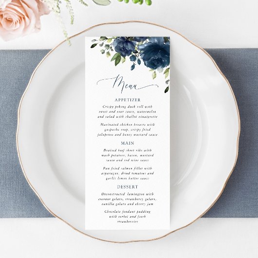 Navy Blue Flowers, Greenery, Bridal Shower Menu Menükarte