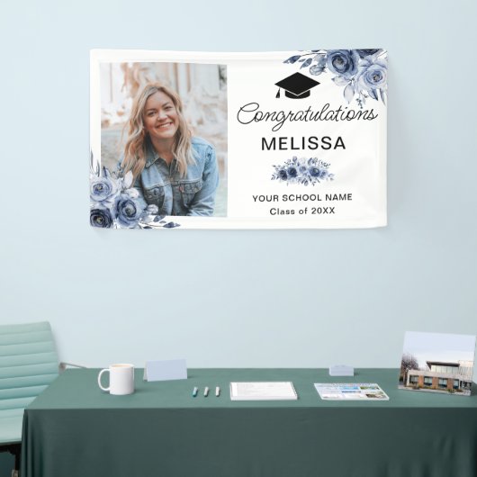 Navy Blue Flowers Herzlichen Glückwunsch Banner (Messeveranstaltung)