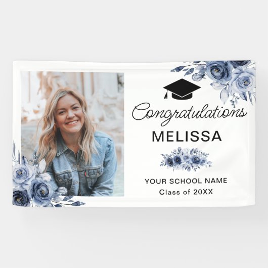 Navy Blue Flowers Herzlichen Glückwunsch Banner (Horizontal)