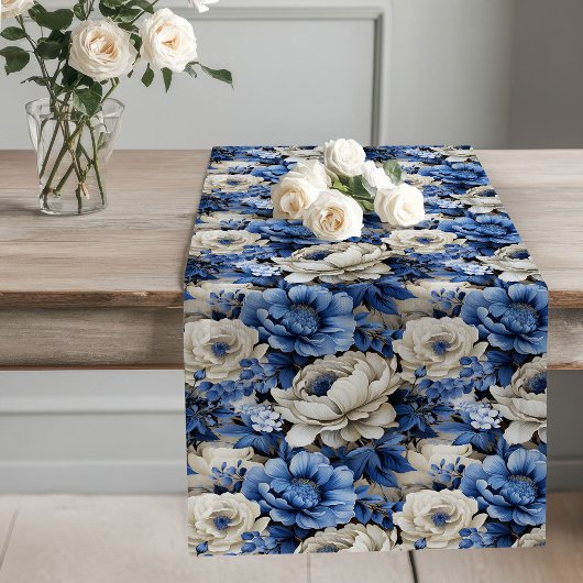 Navy Blue Flowers Ivory Floral Table Runner Großer Tischläufer