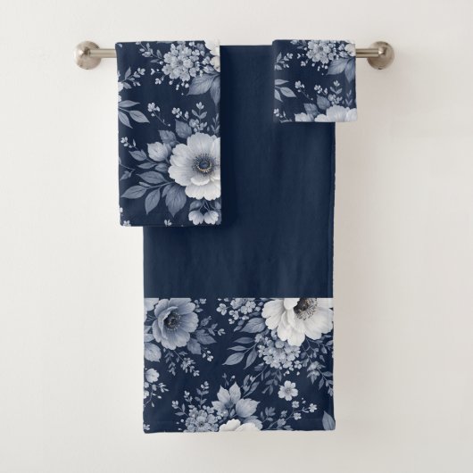 navy blue flowers modern decorative bathroom  badhandtuch set (Insitu)