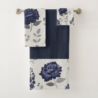 navy blue flowers modern decorative bathroom  badhandtuch set