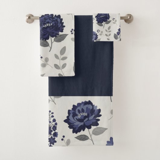 navy blue flowers modern decorative bathroom  badhandtuch set (Insitu)