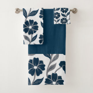 navy blue flowers modern decorative bathroom  badhandtuch set