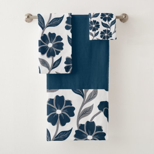 navy blue flowers modern decorative bathroom  badhandtuch set (Insitu)