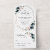 Navy Blue Flowers, Pink Flowers, Boho, Birthday All In One Einladung (Innen Boden)