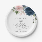 Navy Blue Flowers, Pink Flowers, Boho, Birthday Pappteller (Vorderseite)