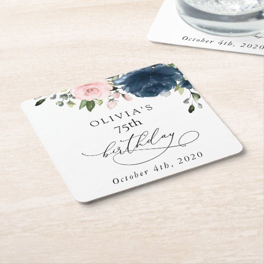 Navy Blue Flowers, Pink Flowers, Boho, Birthday Rechteckiger Pappuntersetzer (angewinkelt)